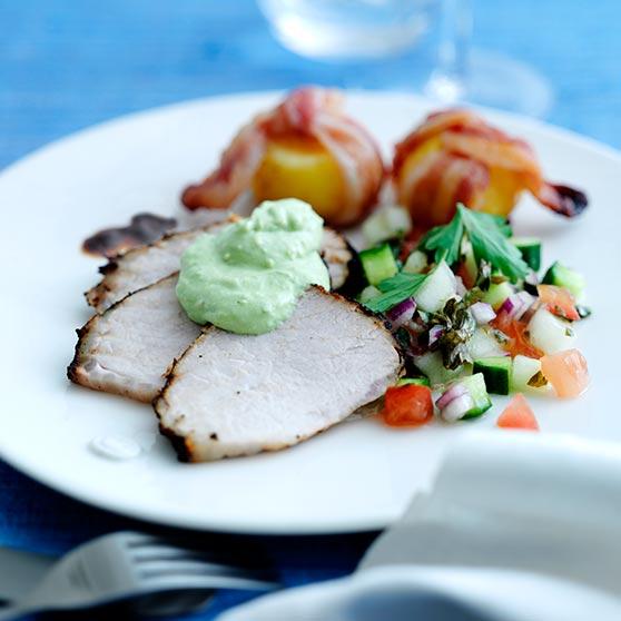 Red wine braised ham fillet with tomato salsa and avocado crème